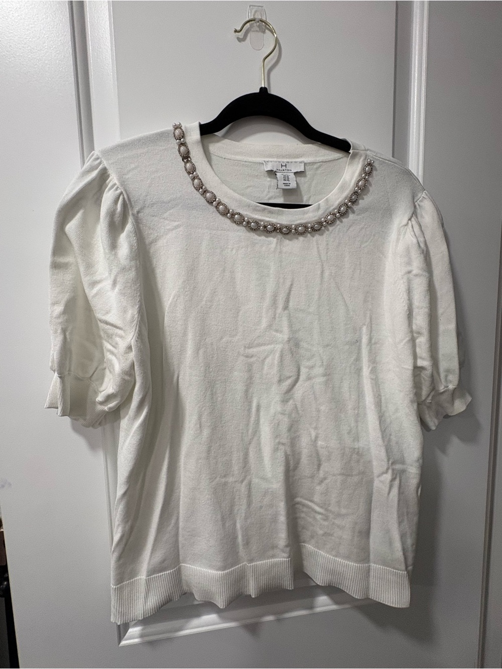 H by Halston White Pearl-Trim Puff Sleeve Top